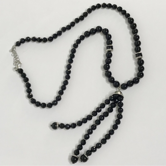 Black Faceted Chunky Fringe Tassel Beaded 1920s Flapper Victorian Necklace Onyx - Picture 3 of 10
